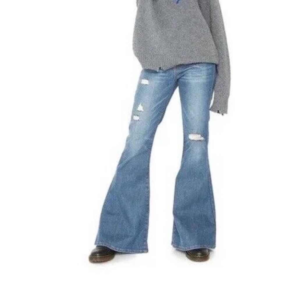 Sandrine Rose x Free People Super Flare Denim Jeans Blue Indigo Distressed Sz 28